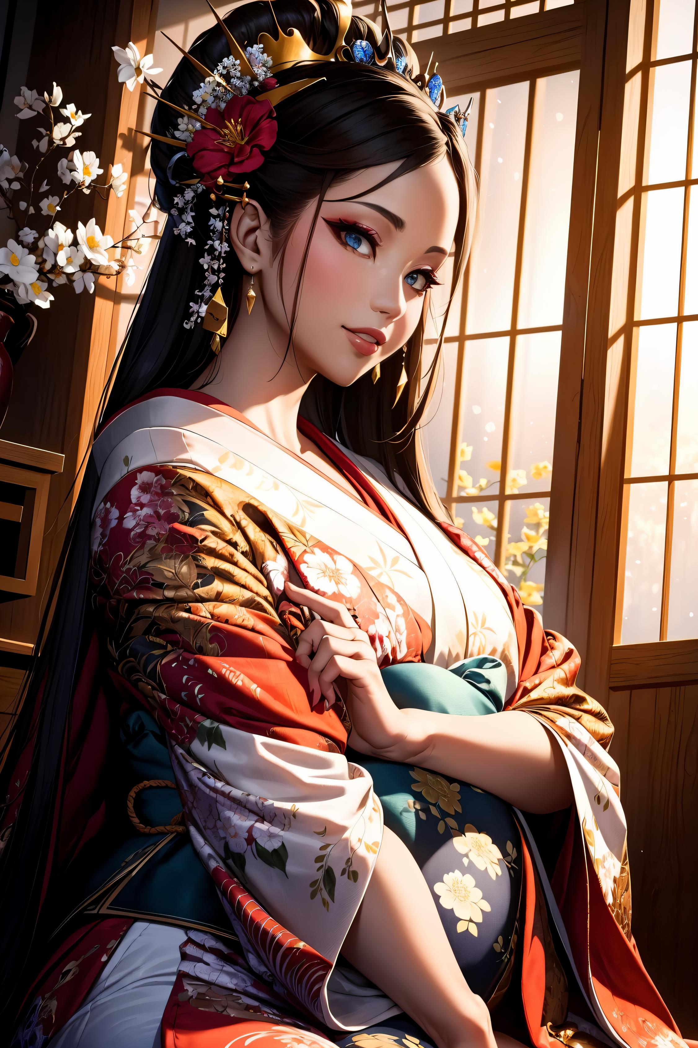 Backgrounds are lanterns, torii, oiran and black mask, full moon, model  pose - SeaArt AI